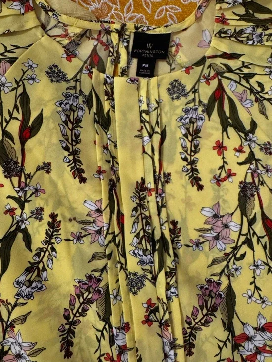 Worthington Yellow Floral Pleated Front Blouse - Picture 1 of 2